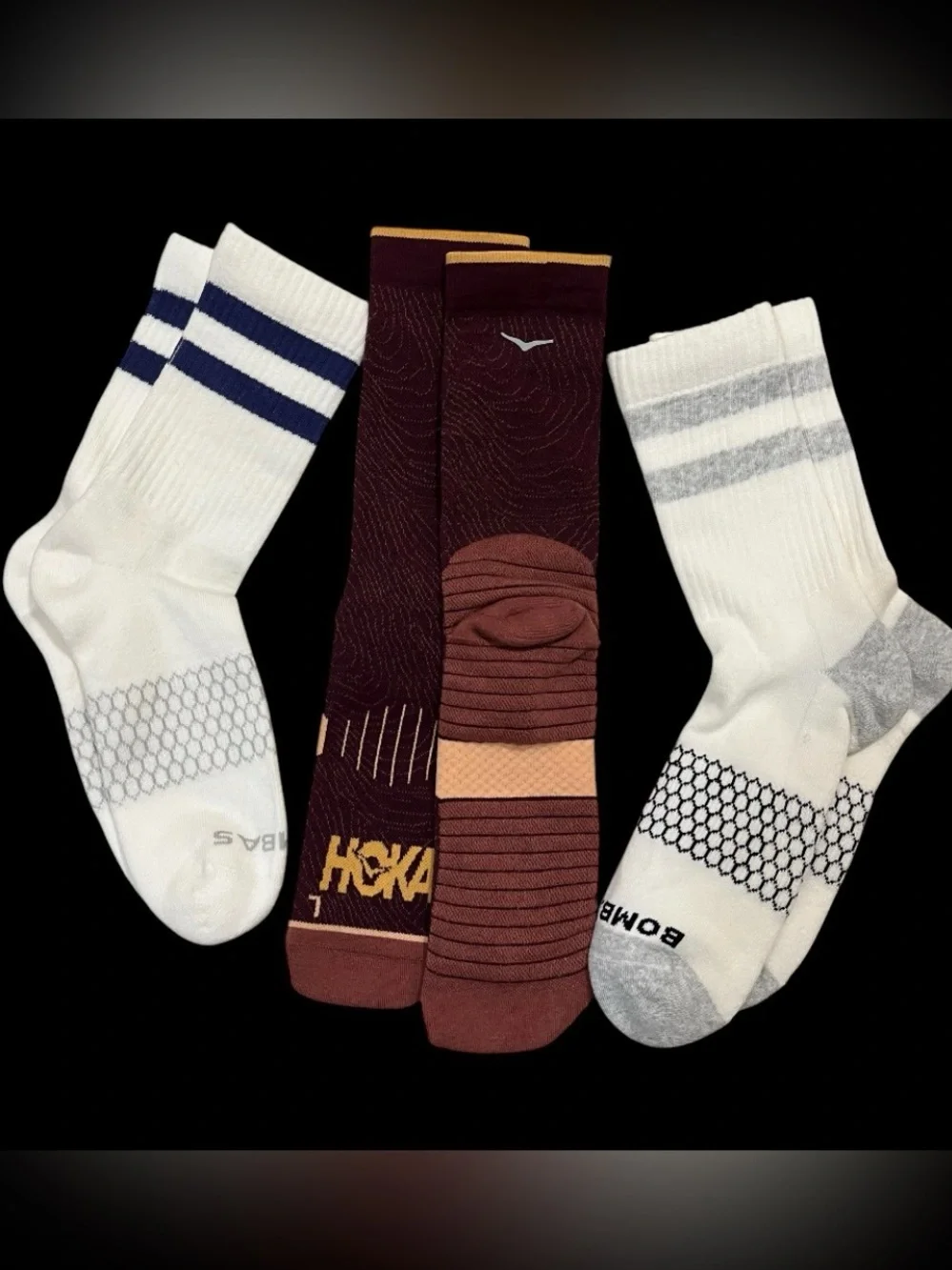 3 NEW Pairs of Unisex socks (2 Vintage Stripes Bombas & 1 Hoka) Performance Crew